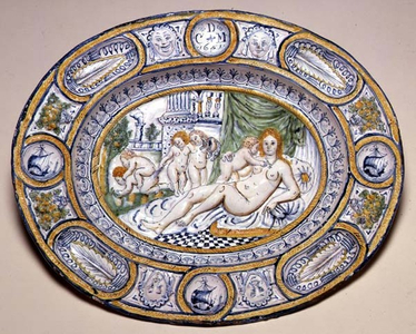 Dish, called 'La Fecondite', Southwark, 1651 (tin-glazed moulded earthenware)