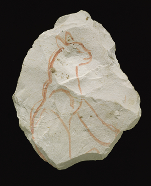 Ostracon depicting a seated cat, New Kingdom (limestone flake)