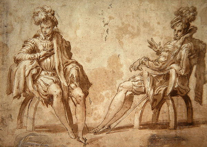 Two studies of a seated young man, c.1571 (brown wash with white on brown paper)