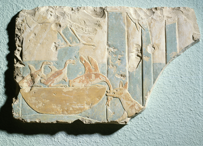 Relief depicting a raid by a dog-like animal on a bird's nest, from the funerary temple of King Montuhotep II, Middle Kingdom (painted limestone)