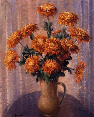 A Vase of Orange Chrysanthemums (oil on canvas)