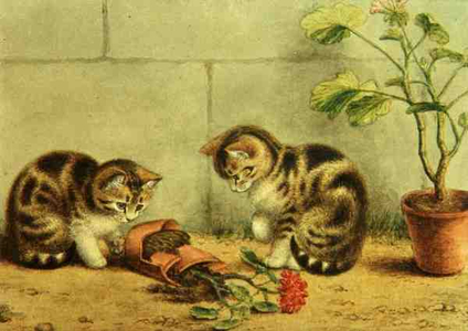 Two Kittens with Broken Flower Pot (watercolour on paper)