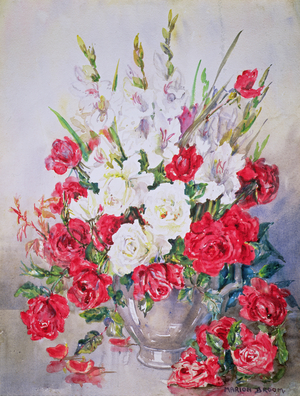 A Glass Vaseful of Gladioli with White and Red Roses (watercolour on paper)