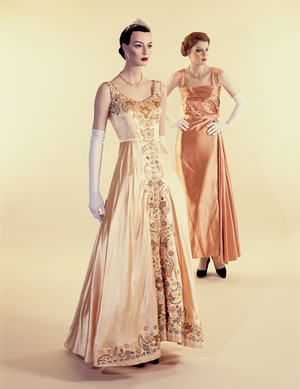 1950s evening dresses by Norman Hartnell, on display in the 'Fashion in the 50s' exhibition at the Museum of Costume, Bath, 2001 (photo)