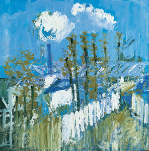 White Picket Fence with Trees and Buildings Beyond (oil on board)