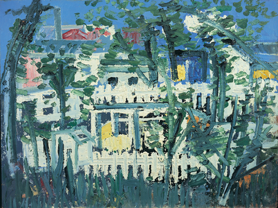 White Fence and Small Building (oil on board)
