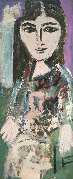 Judith Allin Seated (oil based paint on sackcloth)
