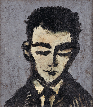 Portrait of Gilbert Dubrulle Looking Down (oil based paint on hessian)
