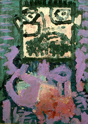 Square Head with Purple Body (oil based paint on hessian)