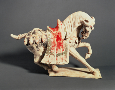 Prancing Horse, tomb figurine, 7th-early 8th century, T'ang dynasty (moulded white earthenware, white slip and pigments)