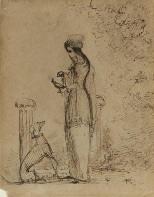 A Woman with a Dog and Bird, c.1850-51 (pen & ink on light brown paper)