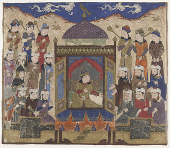 Folio from a Shahnama (Book of Kings) by Firdawsi (d.1020); Kay Khusraw Parwez Seated on the Takht-i Taqdis, possibly India, c.1425-50 (opaque watercolour and gold on paper)