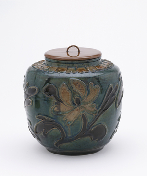 Polychrome jar with lacquer lid (ceramic and lacquered wood)