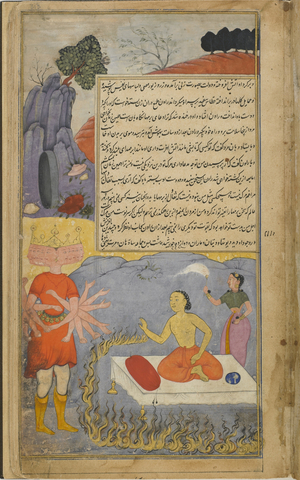 Vol.2 fol.313 Ravana converses with Mahajambunada, who is surrounded by a ring of fire and attended by Lakshmi (opaque watercolour, ink and gold on paper)