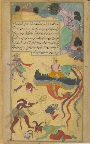 Vol.2 fol.290 As Garuda turns away in pain from the battlefield, Visnu severs Mali's head with a discus (opaque watercolour, ink and gold on paper)