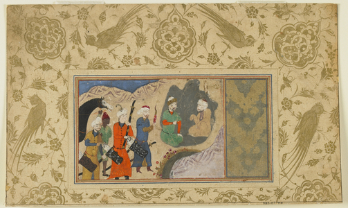 Folio from an unidentified text; Iskandar (?) Visits a Hermit, Iran, c.1500 (opaque watercolour, ink and gold on paper)