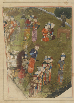 Folio from a Zafarnama; recto: Timur Grants an Audience on the Occasion of His Accession to the Throne at Balkh; verso: text, Shiraz, Iran, Timurid period, 1436 (opaque watercolour, ink and gold on paper)