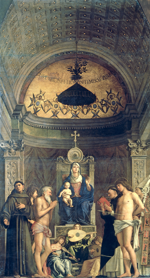 Madonna and Child Enthroned between SS. Francis, John the Baptist, Job, Dominic, Sebastian and Louis (the San Giobbe Altarpiece) c.1487 (oil on panel) (for detail see 61101 and 276359)