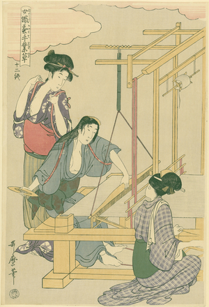 Weaving the silk, no.12 from 'Joshoku kaiko tewaza-gusa', c.1800 (colour woodblock print)