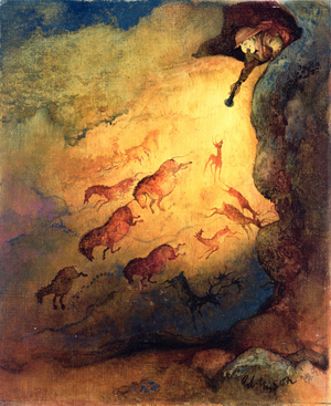 Mr Punch as a cave explorer giving the animals in Lascaux a fright, unpublished commission by 'Punch', 1968 (gouache on hardboard)