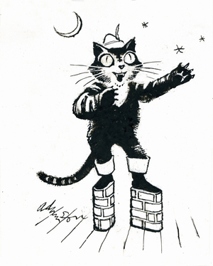 Puss in (brick-wall platform) boots (ink on transparency over white card)