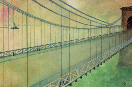 Hammersmith Bridge after the Boat Race (gouache on board)