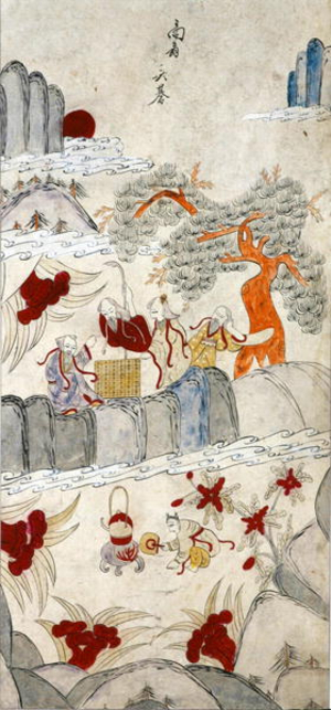 A panel from an eight fold screen depicting famous stories of China (natural pigments on paper)