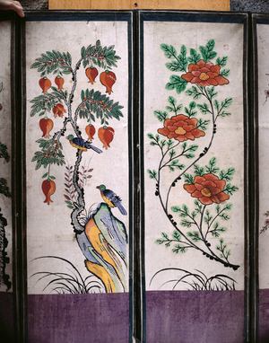 Two panels of an eight fold screen depicting birds and flowers (natural pigments on paper)