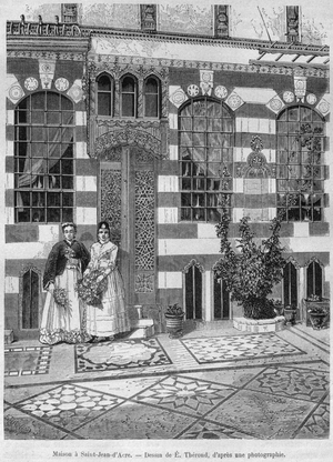 View of a house at St. Jean d'Acre, from 'La Syrie d'aujourd'hui. Voyages dans la Phenicie, le Liban et la Judee. 1875-1880' of Louis Charles Emile Lortet, 1884 (b/w engraving)