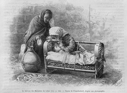 Cradle to the Maronites, from 'La Syrie d'aujourd'hui. Voyages dans la Phenicie, le Liban et la Judee. 1875-1880' of Louis Charles Emile Lortet, 1884 (b/w engraving)