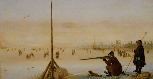 Winter Landscape with Duck Hunter (oil on panel)