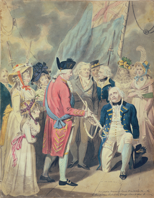 George III Presenting a Sword to Lord Howe, c.1794 (pen & ink and w/c on paper)