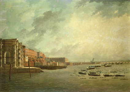 The Procession of Barges attending Lord Nelson's Body from Greenwich Hospital, January 8th 1806 (oil on panel)