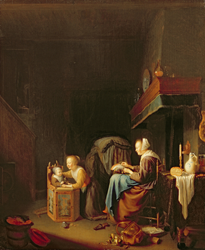 Woman Making Lace with Two Children, c.1670 (oil on panel)