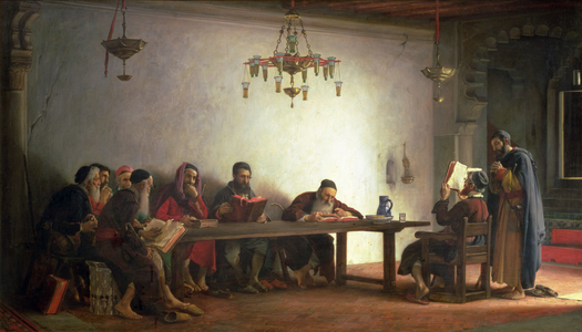 The Reading of the Bible by the Rabbis, a souvenir of Morocco, 1882 (oil on canvas laid down on paper)