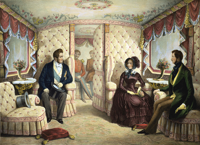 Interior of the Queen's Railway Carriage, engraved by Jules David (1808-92), c.1844 (litho)