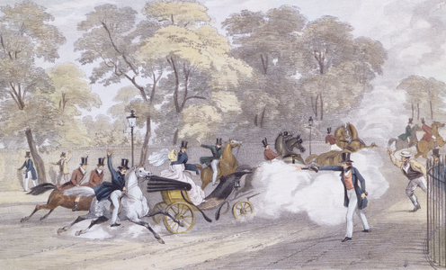 Edward Oxford's Attempt to Assassinate Queen Victoria and Prince Albert on Constitution Hill, on the evening of Wednesday 10th June, engraved by J. R. Jobbins, 1840 (colour litho)