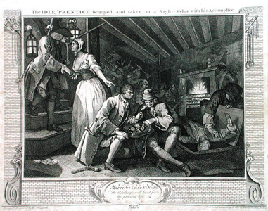 The Idle 'Prentice Betrayed by a Prostitute, plate IX of 'Industry and Idleness', published 1833 (engraving)