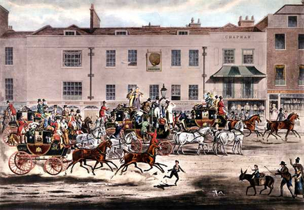 North Country Mails at the Peacock, Islington by Pollard and Sutherland (aquatint, 1823)