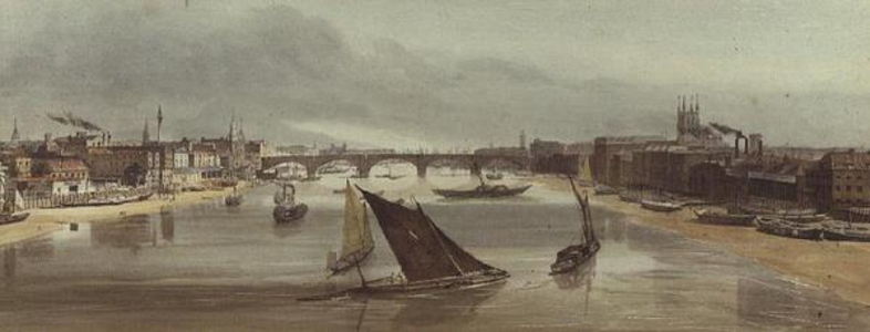 London Bridge from Southwark Bridge (Monument on left), 1842 (litho)