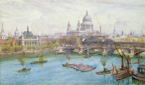 View from the south of St Paul's Cathedral, Blackfriars Bridge and City of London School with boats on the River Thames, c.1921 (w/c)
