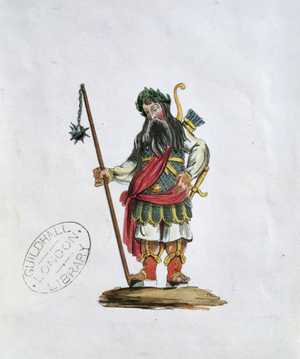 Gog, illustration of one of the Guildhall statues of the legendary giants (coloured engraving) (see also 106546)