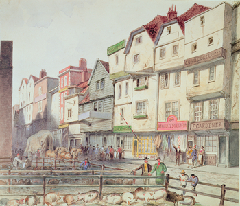 View of Long Lane, with pigs in pens in part of Old Smithfield Market, 1844 (w/c on paper)