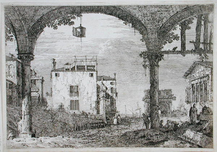 View through an arcade towards coastal buildings (etching)