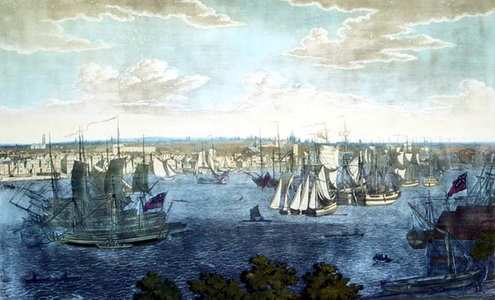 Panorama of London with the Thames in the foreground, from the South Bank. Etching by John Swertner, published in 1801.