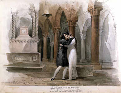 I Capuleti e i Montecchi (Les Capulet et les Montaigu) by Vincenzo Bellini, performance at the Fenice Theatre in Venice. Giuditta Pasta and Giulia Grisi performing Romeo and Juliet. Watercolour by Michele Bisi, 1829.