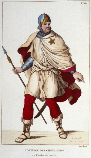 Costume of Knight of the Order of the Star, founded by John II the Good, in 1351. engraving of 1830