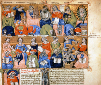 Les vertus et les arts libéraux - in ""Novella super libros decretatis"" de Nicolo' Giacomo da Bologna, 1354. Miniature.