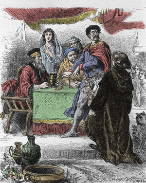 Illustration for “Ivanhoe” by Walter Scott (1771-1832), Scottish writer: Ivanhoe is challenged by Saxon Knight Brian de Bois Guilbert.