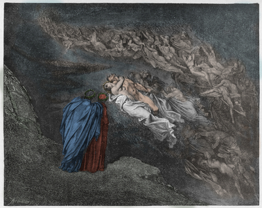 Inferno, Canto 5 : The soul of Francesca Da Rimini speaks to Dante, illustration from 'The Divine Comedy' by Dante Alighieri, 1885  (digitally coloured engraving)
